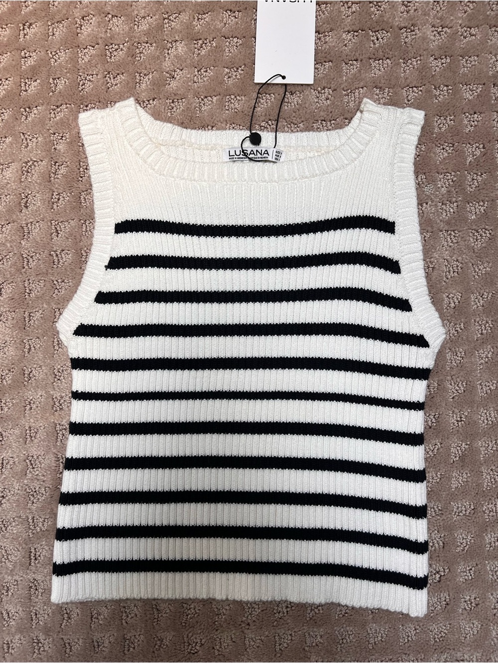 Lusana Wilah Sleeveless Cropped Knitted Top, White/Navy Stripes